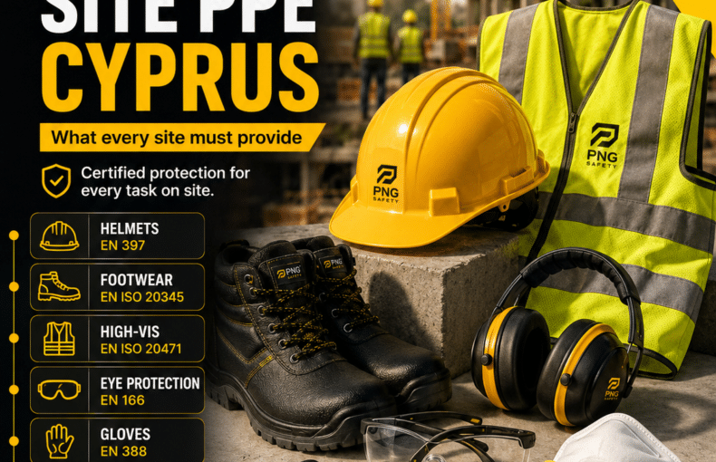 PNG Safety graphic on building site PPE in Cyprus.