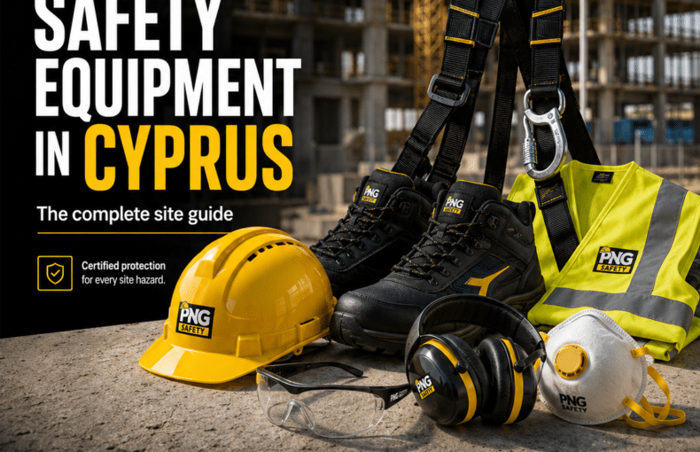 PNG Safety graphic about construction safety equipment in Cyprus.