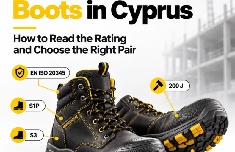 PNG Safety graphic on steel toe boots in Cyprus.